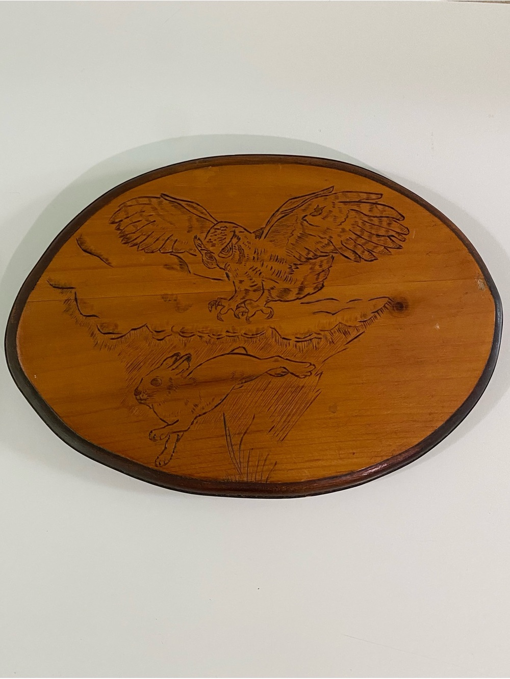 Vintage Pyrography Wall Plaque - Owl Chasing Rabbit